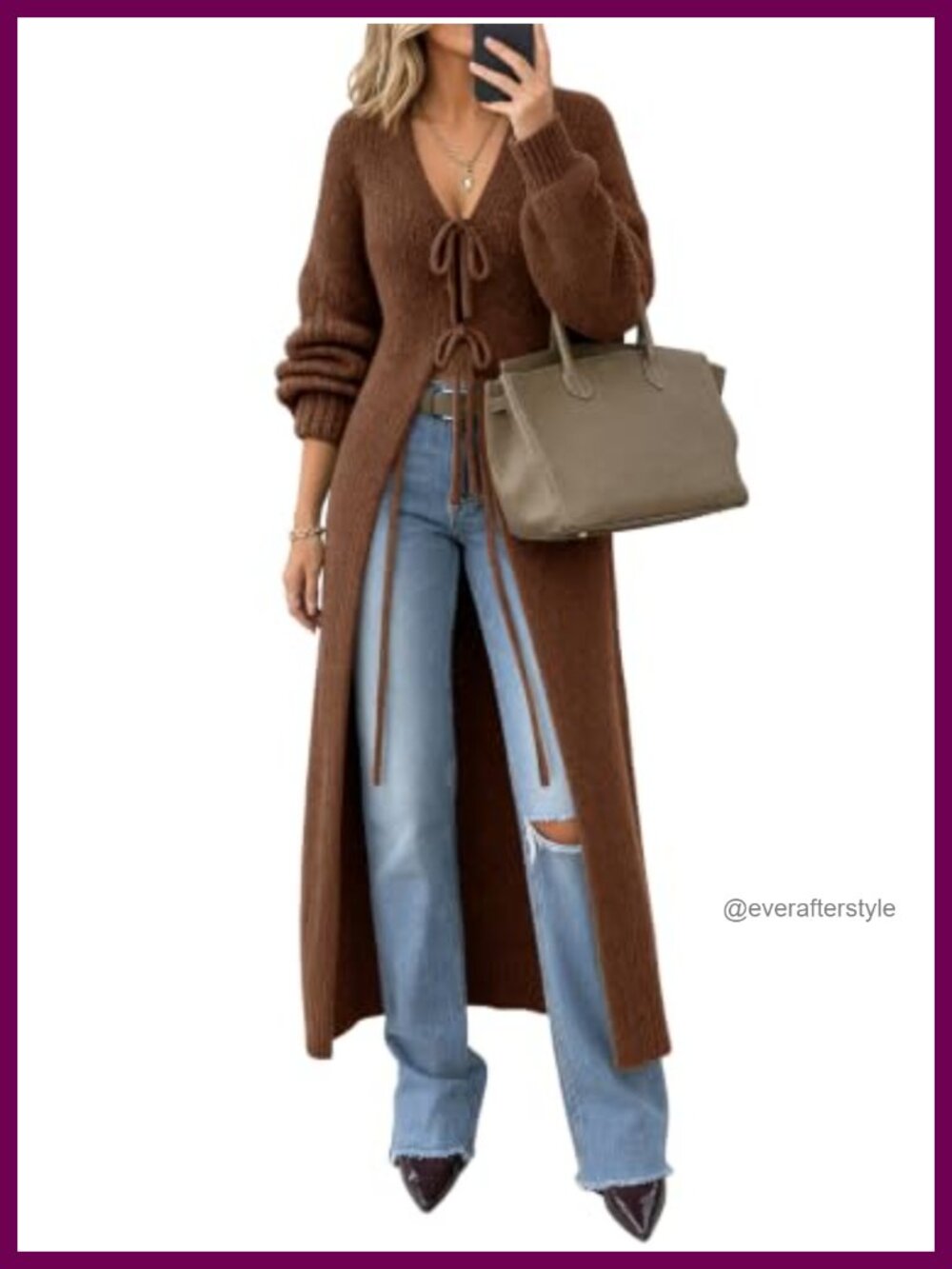 Womens Oversized Chunky Knit Tie Front Long Cardigan Sweater Puff Sleeve